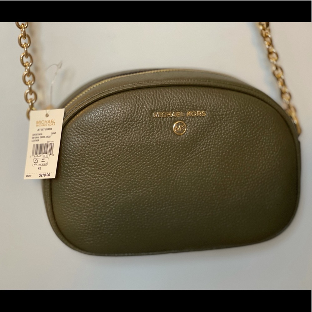 Michael Kors olive green and gold cross body bag.